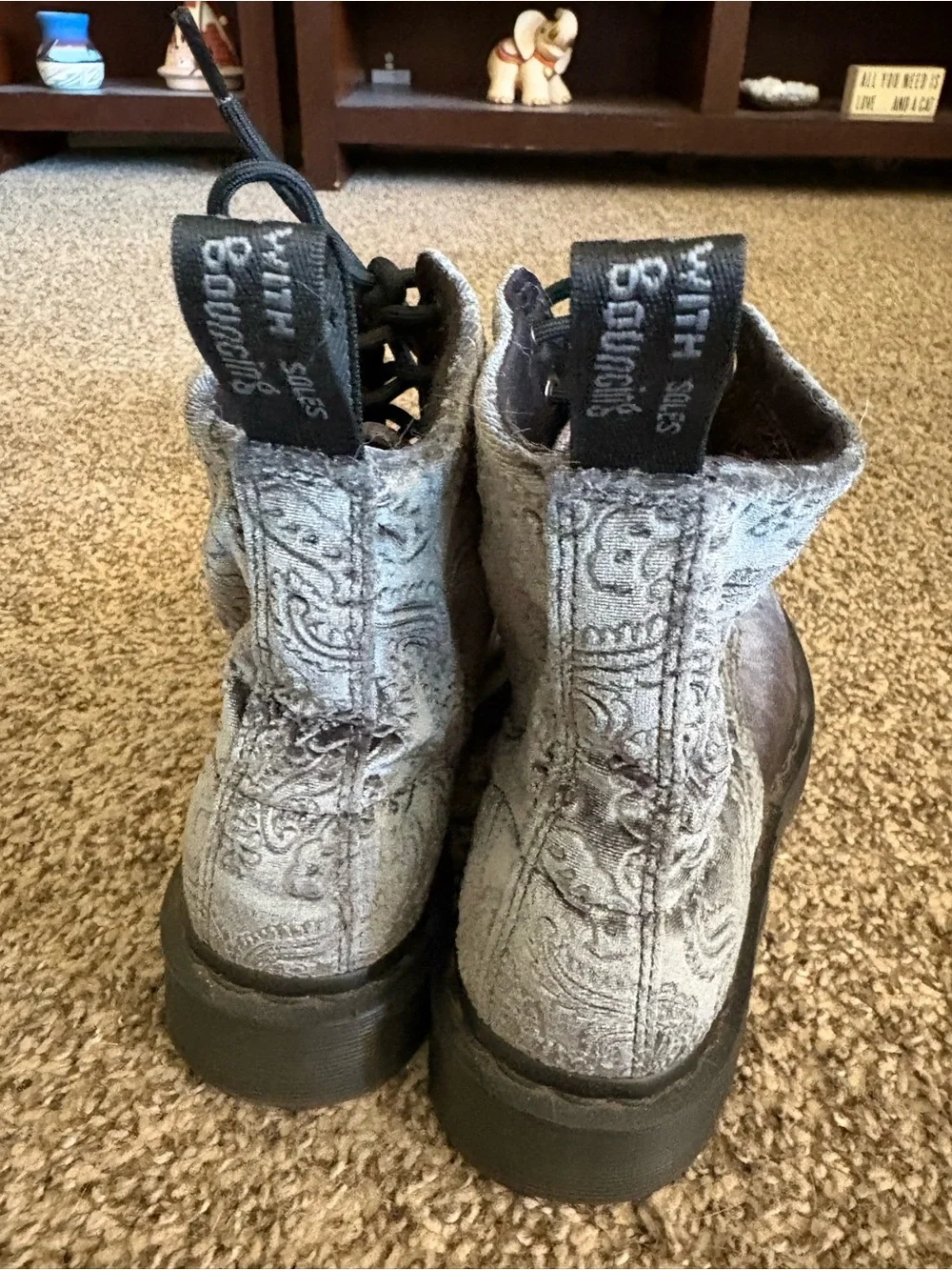 Gray Velvet Embossed Lace-Up Dr. Martens Women's Combat Boots - Picture 3 of 8